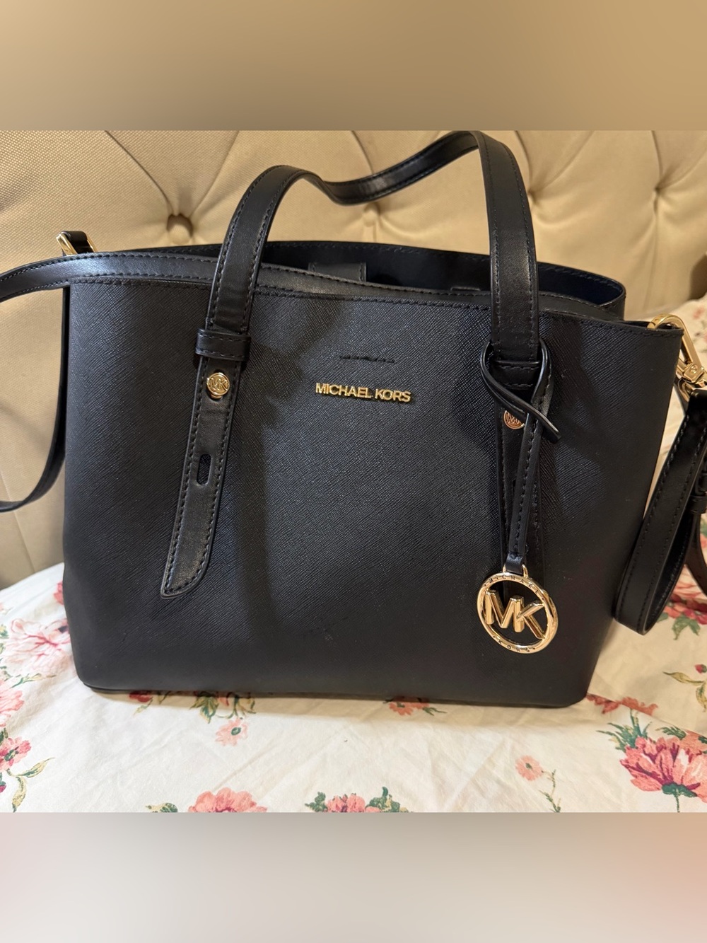 Michael Kors Black Saffiano Tote with Gold Logo Charm